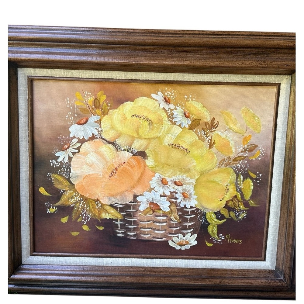 VTG 1982 M Hobbs Still Life Oil Painting 22.5x18.5 Inch Flowers Basket Framed‎